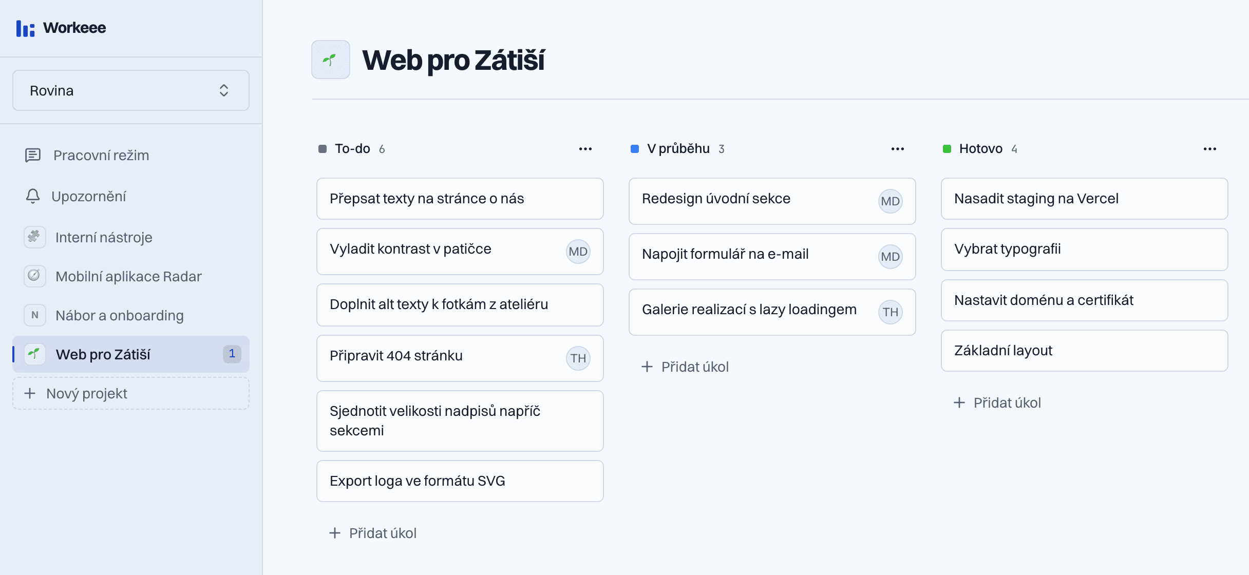 Nástěnka projektu Web pro Zátiší se sloupci To-do, V průběhu a Hotovo.