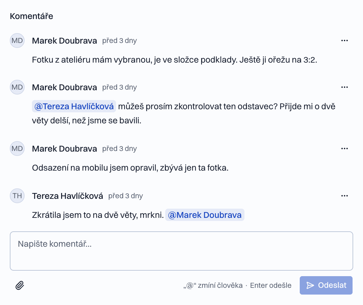 Vlákno komentářů pod úkolem se zmínkou konkrétního člověka.