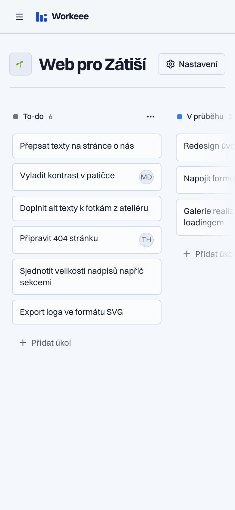 Nástěnka projektu Web pro Zátiší se sloupci To-do, V průběhu a Hotovo.