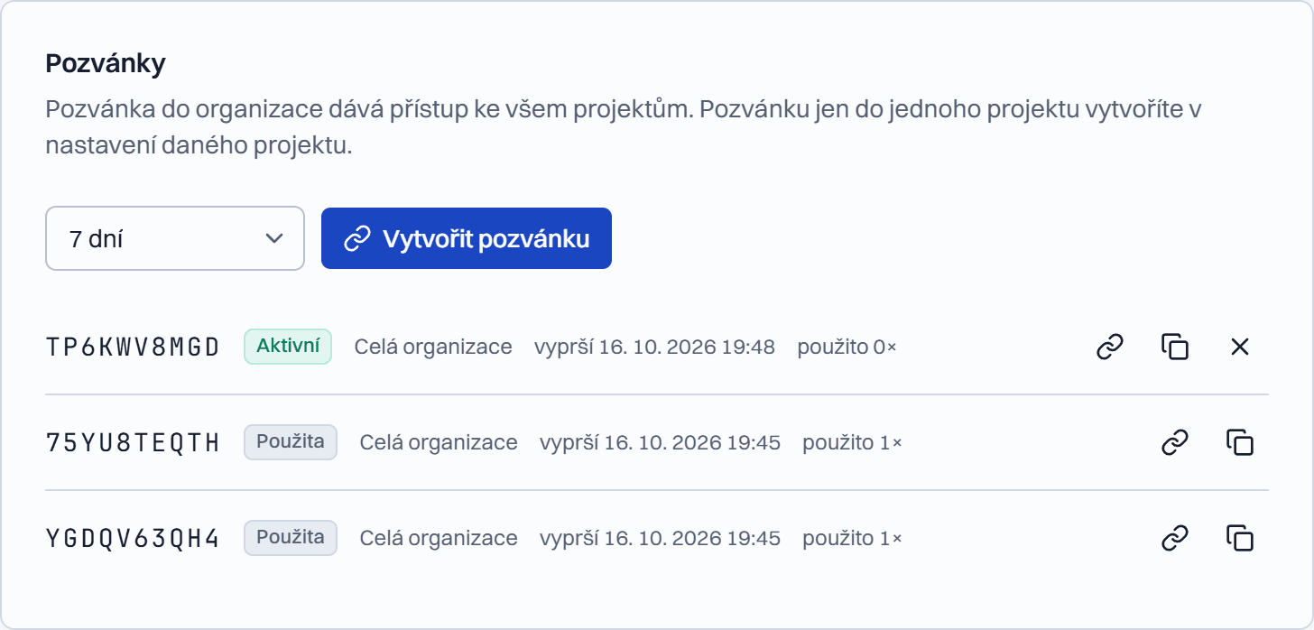 Seznam pozvánek s kódem, stavem a datem vypršení.