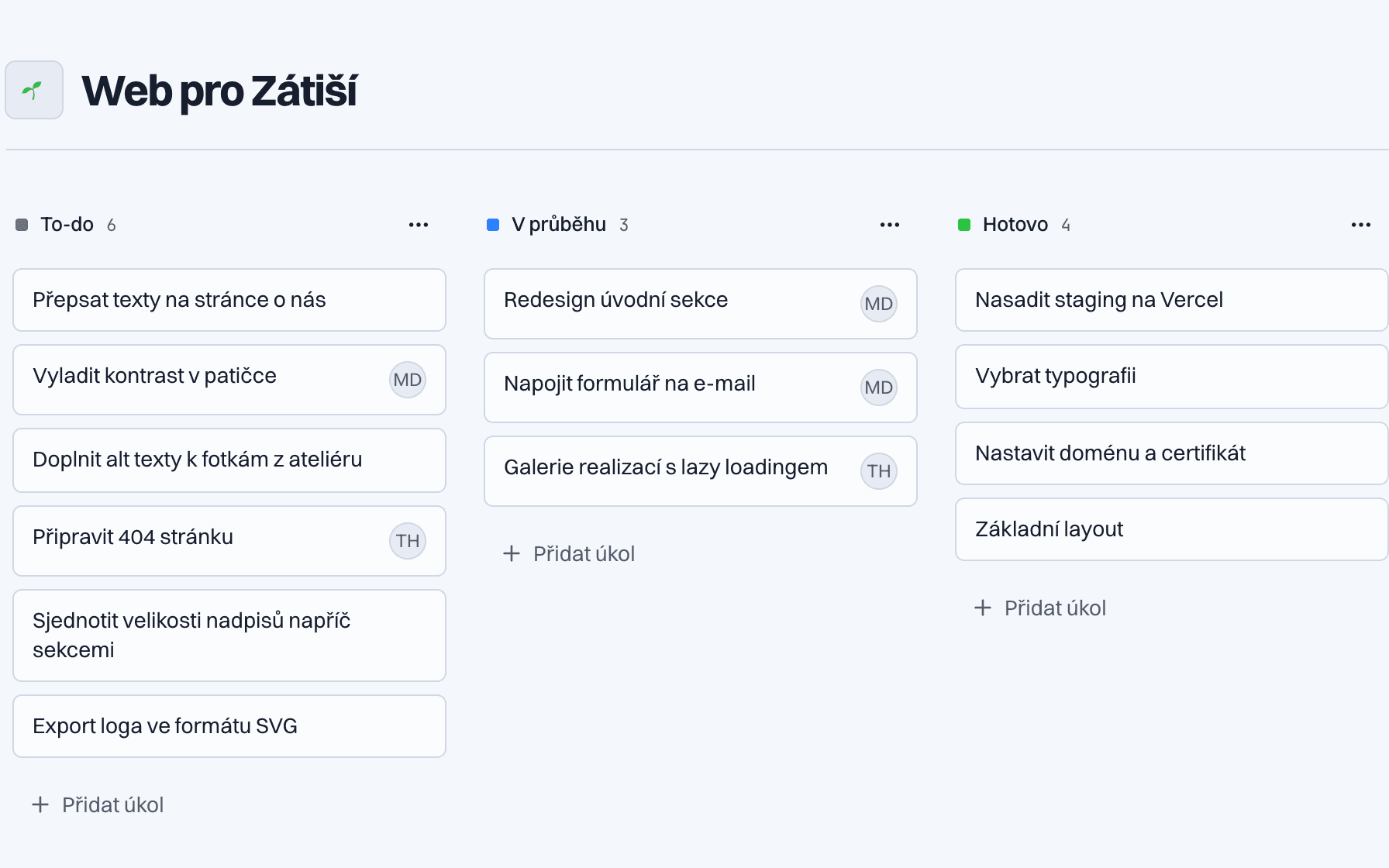 Nástěnka projektu se sloupci To-do, V průběhu a Hotovo.