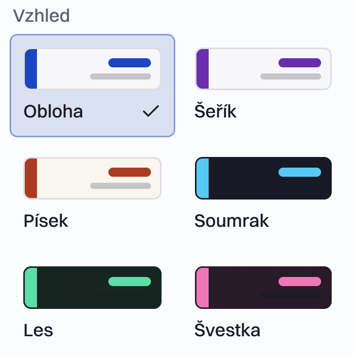 Výběr ze šesti barevných vzhledů aplikace.